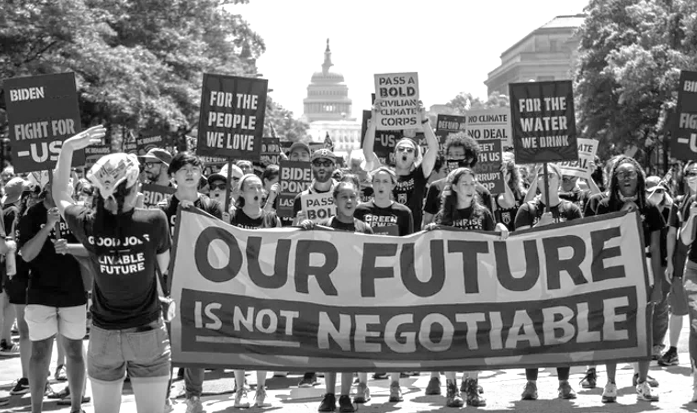 Protest mit Transparent "Our Future Is Not Negotiable" vor dem Kapitol